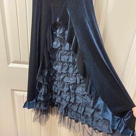 Vintage Gothic Victorian Inspired Velvet Ruffle Midi Dress Navy – XS - Picture 6 of 12